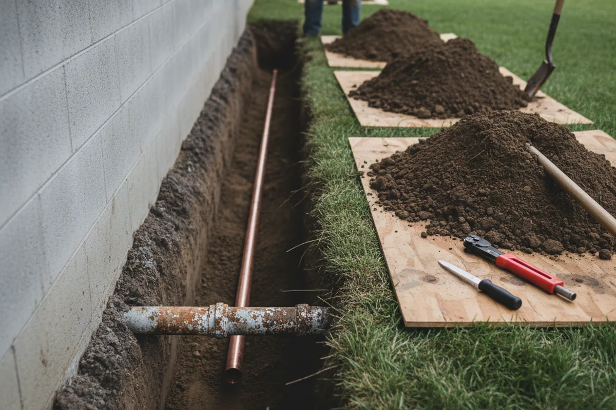 Excavated water line trench during Sewer Line Repair in Mountain Home